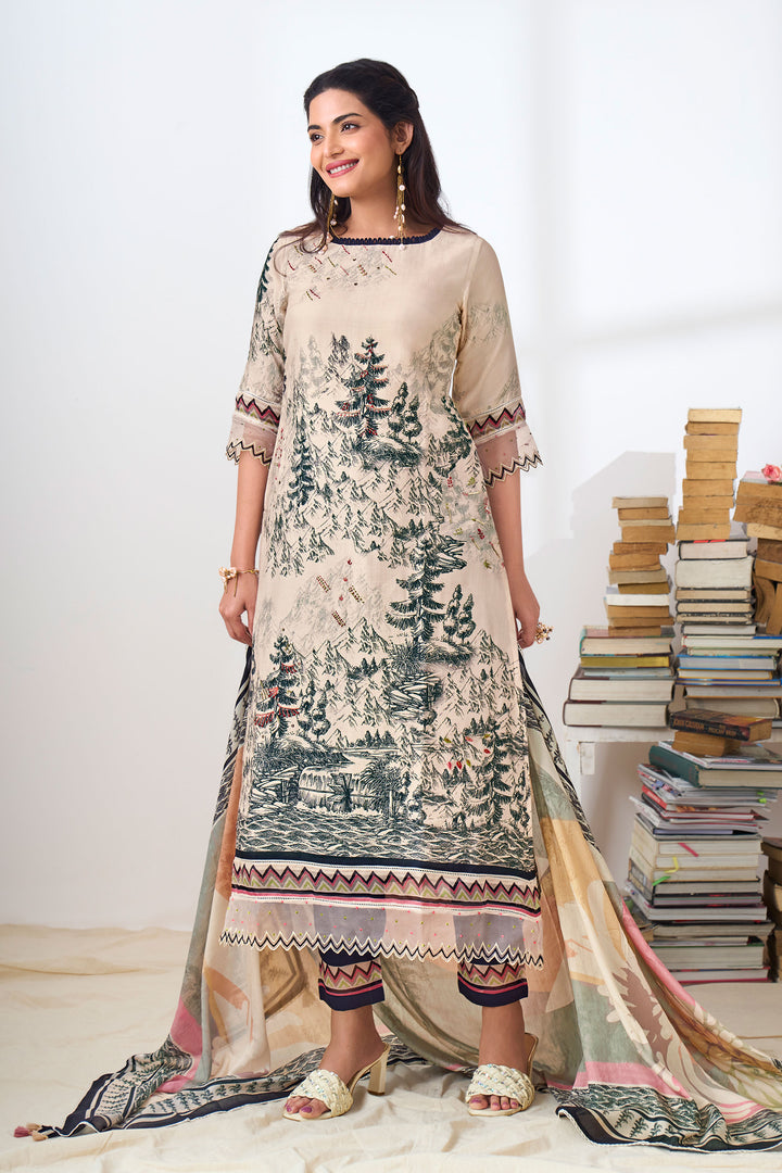 Beige Color Pure Muslin Digital Print With Handwork Dress