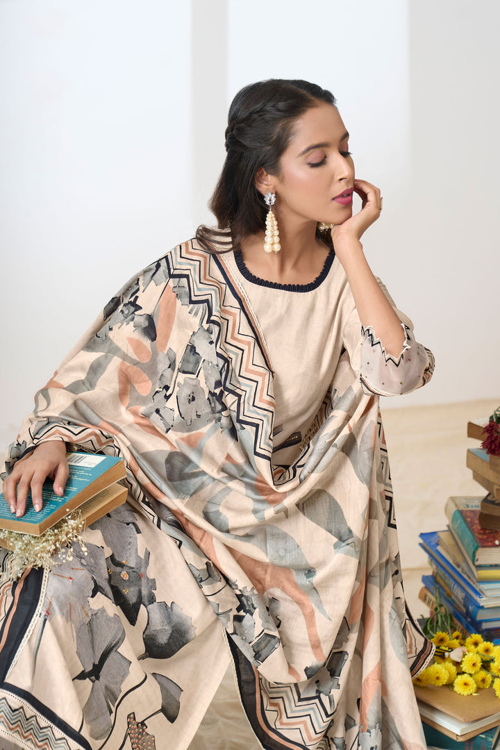 Pure Muslin Digital Print With Handwork Salwar Kameez In Beige Color