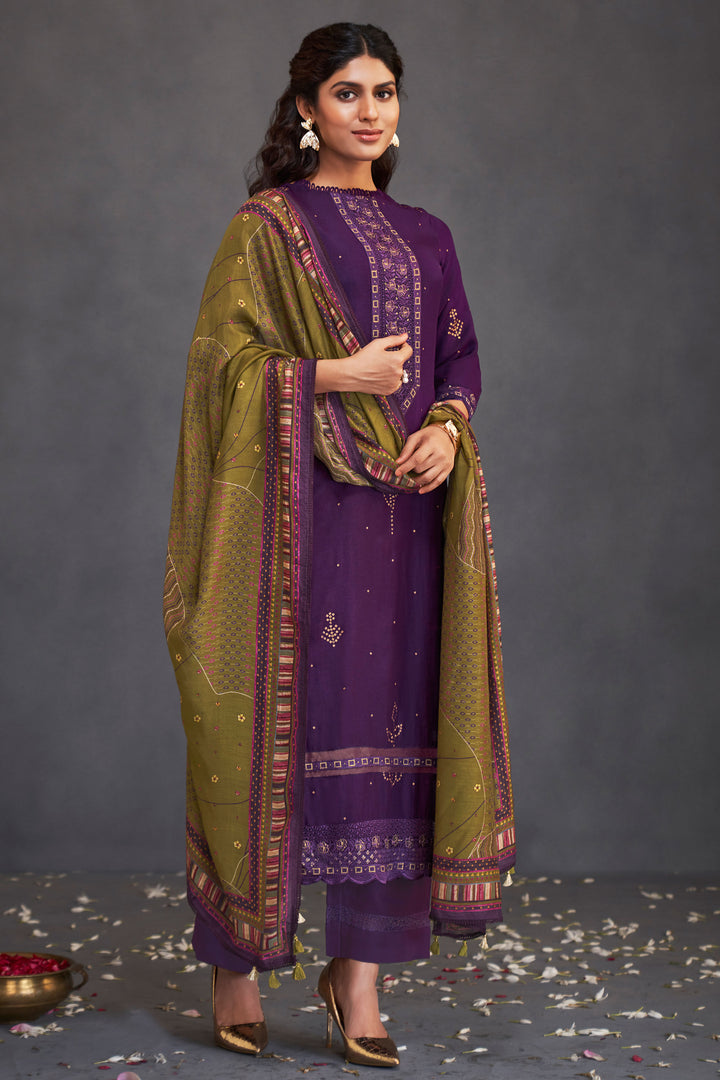 Purple Pure Bemberg Silk Gold Print Straight Cut Suit