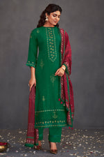 Load image into Gallery viewer, Pure Bemberg Silk Gold Print Straight Cut Salwar Kameez In Green Color