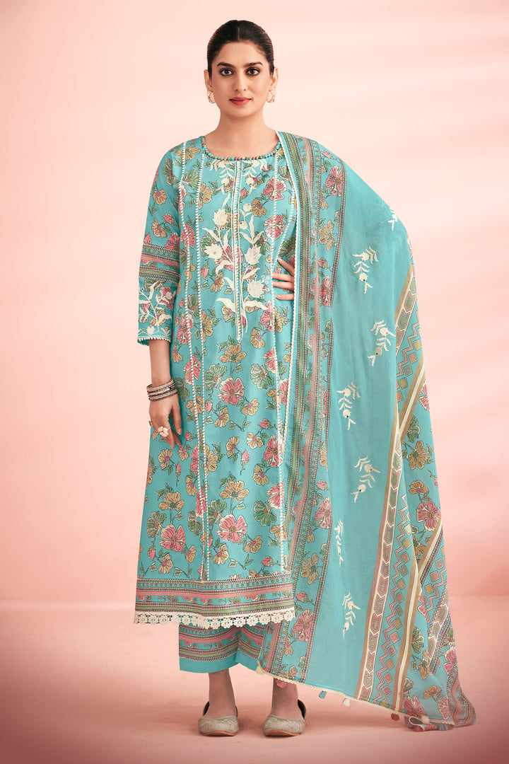 Cotton Hand Block Print Daily Wear Salwar Kameez In Cyan Color