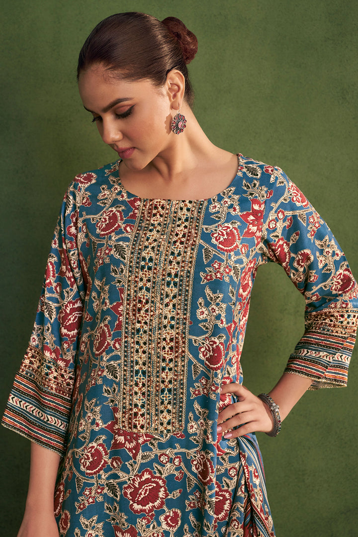 Teal Color Pure Pashmina Digital Print Long Suit