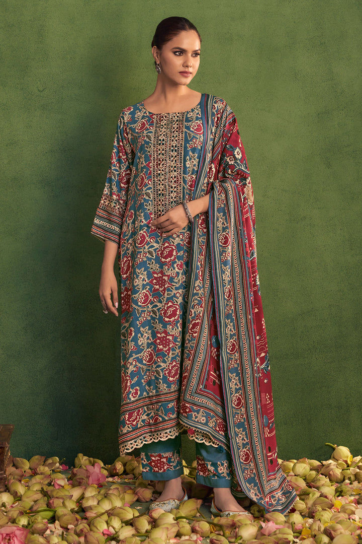 Teal Color Pure Pashmina Digital Print Long Suit