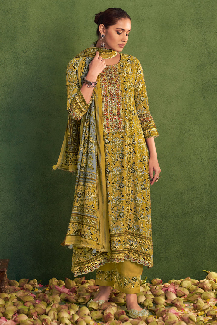 Mustard Pure Pashmina Digital Print Long Dress