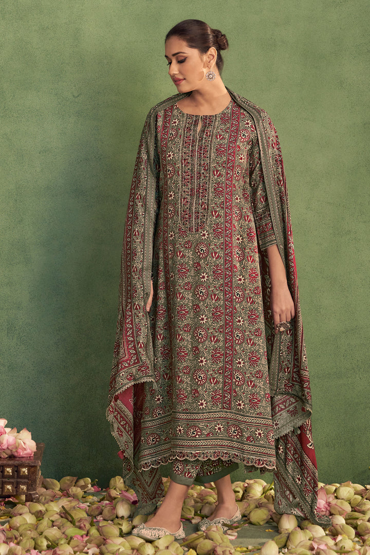 Pure Pashmina Digital Print Long Salwar Kameez In Brown Color