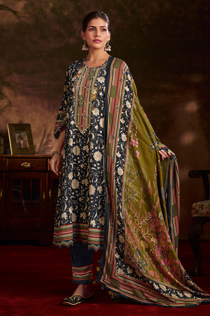 Premium Corduroy Black Digital Print Casual Salwar Suit