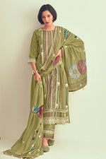 Load image into Gallery viewer, Green Pure Linen Digital Print With Embroidery Work Salwar Kameez
