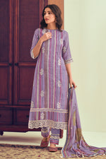 Load image into Gallery viewer, Lavender Pure Linen Digital Print With Embroidery Work Salwar Suit
