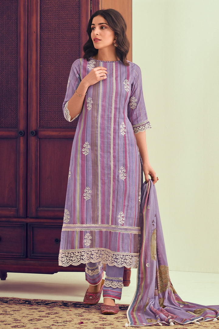 Lavender Pure Linen Digital Print With Embroidery Work Salwar Suit