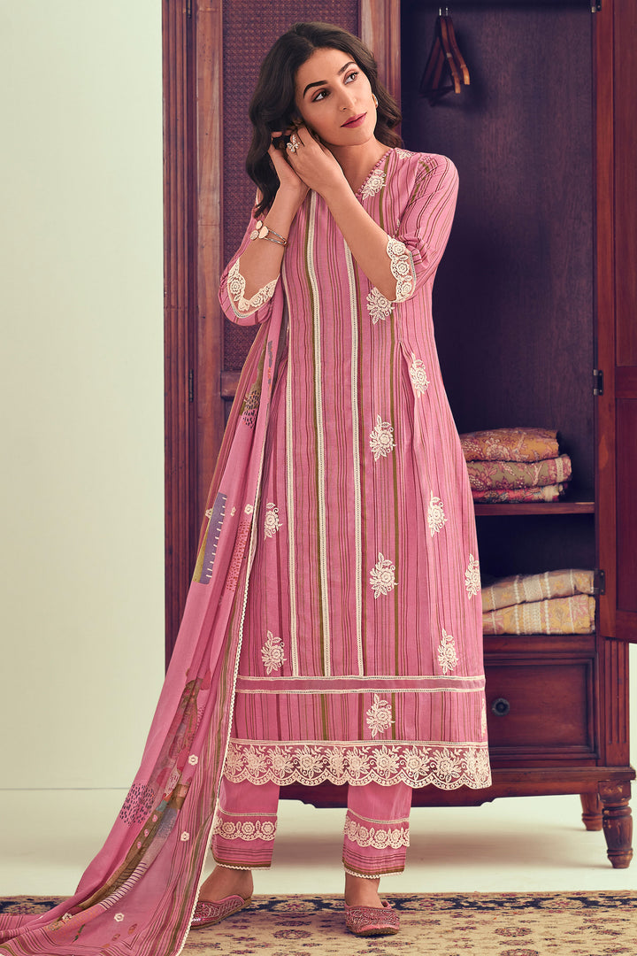 Pink Pure Linen Digital Print With Embroidery Work Suit