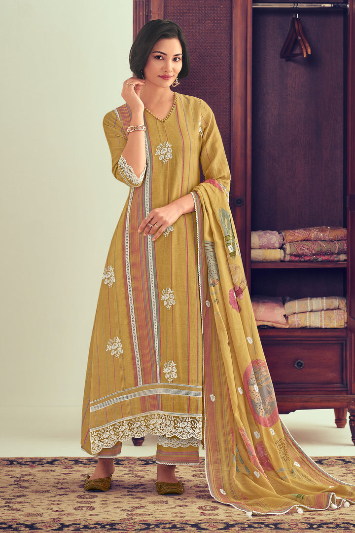 Mustard Pure Linen Digital Print With Embroidery Work Drees