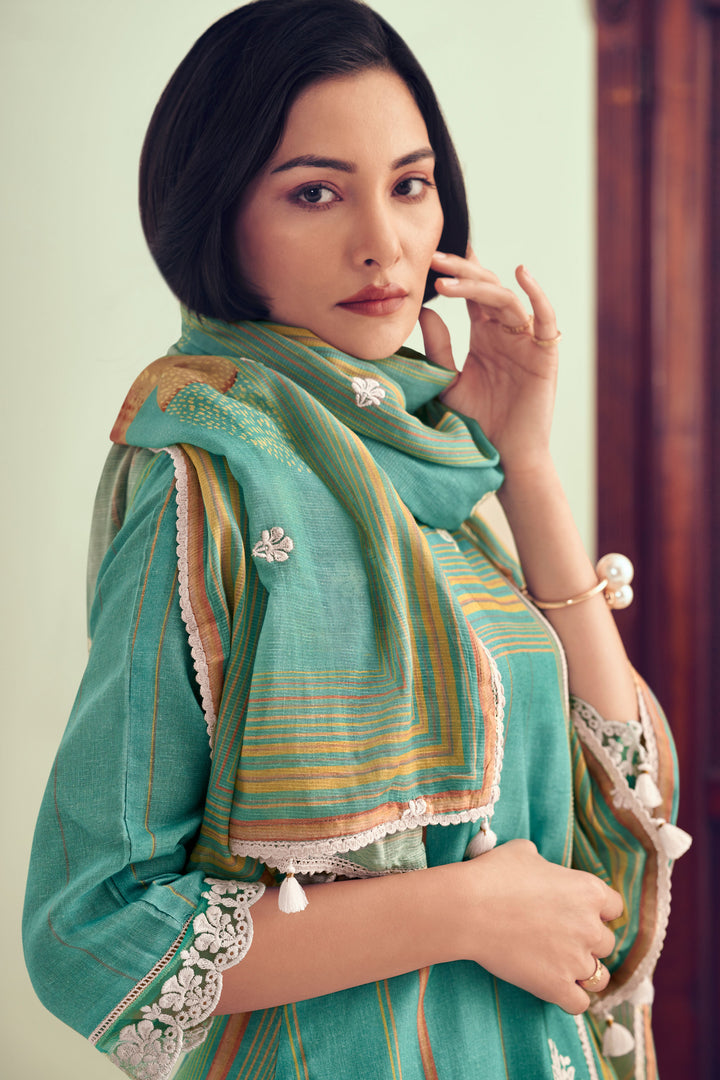 Pure Linen Digital Print With Embroidery Work Salwar Kameez In Cyan Color