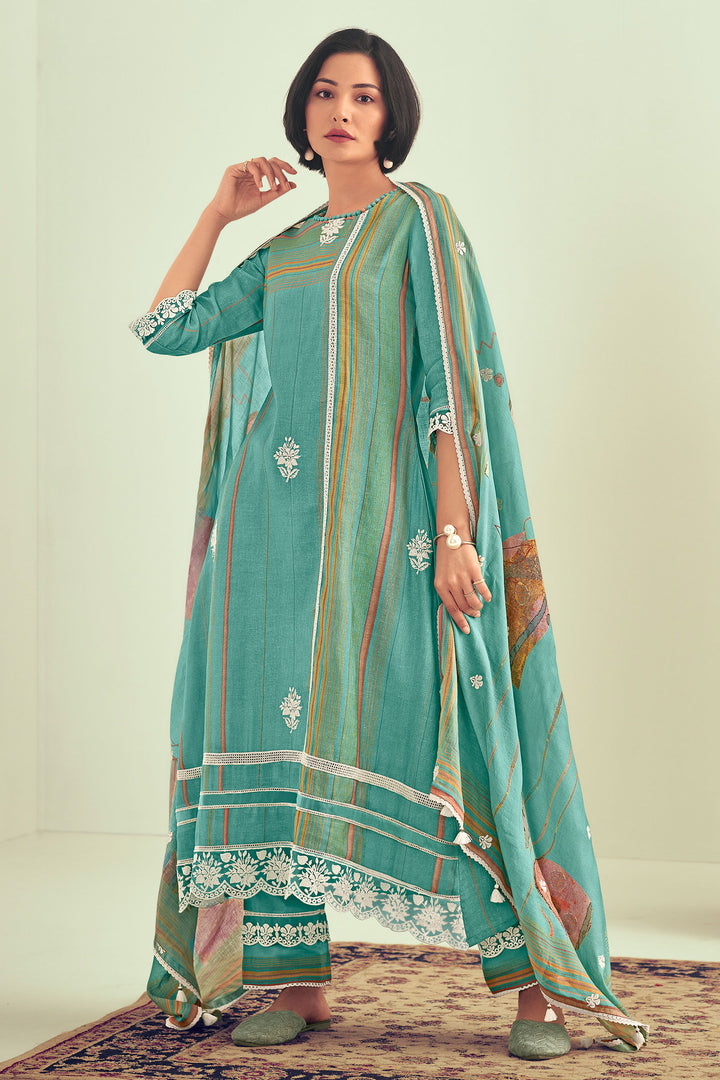 Pure Linen Digital Print With Embroidery Work Salwar Kameez In Cyan Color