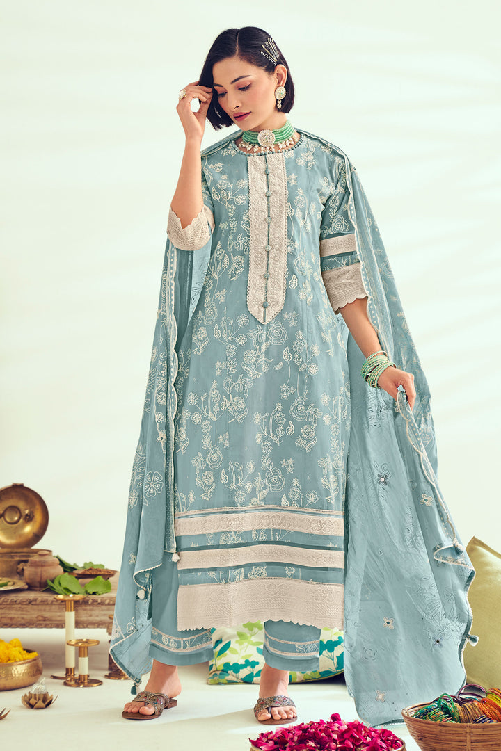 Sky Blue Pure Cotton Khadi Block Print Long Straight Cut Salwar Suit