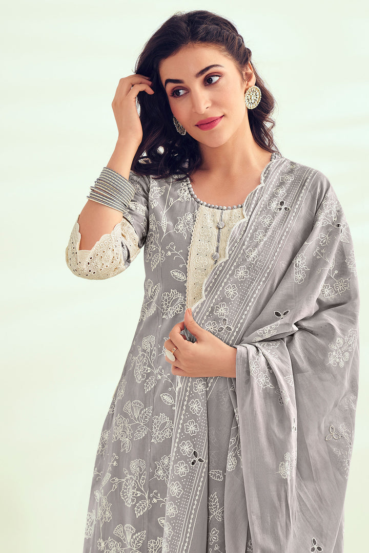 Pure Cotton Khadi Block Print Long Straight Cut Salwar Kameez In Grey Color