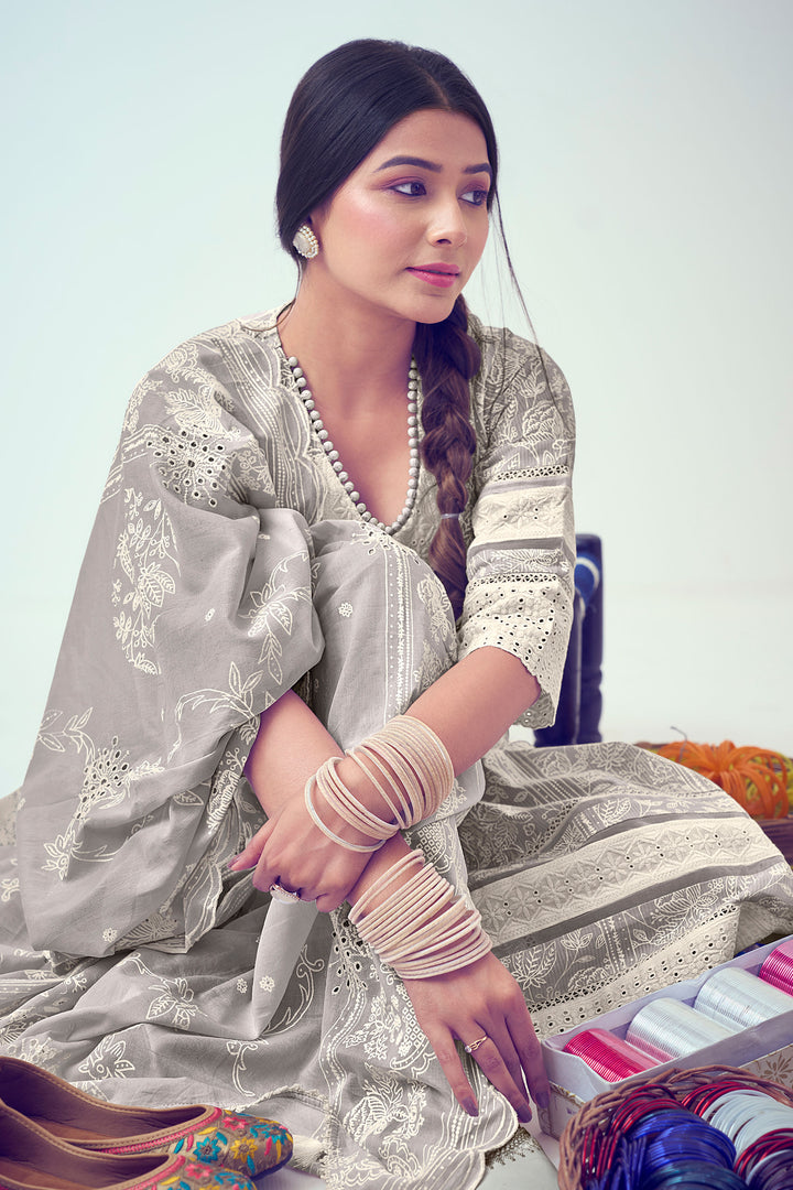 Grey Pure Cotton Lining Khadi Block Print Designer Straight Cut Suit