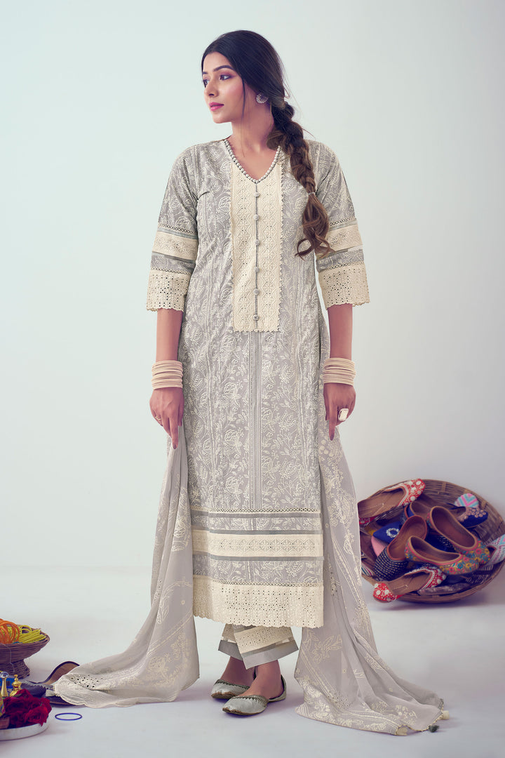 Grey Pure Cotton Lining Khadi Block Print Designer Straight Cut Suit