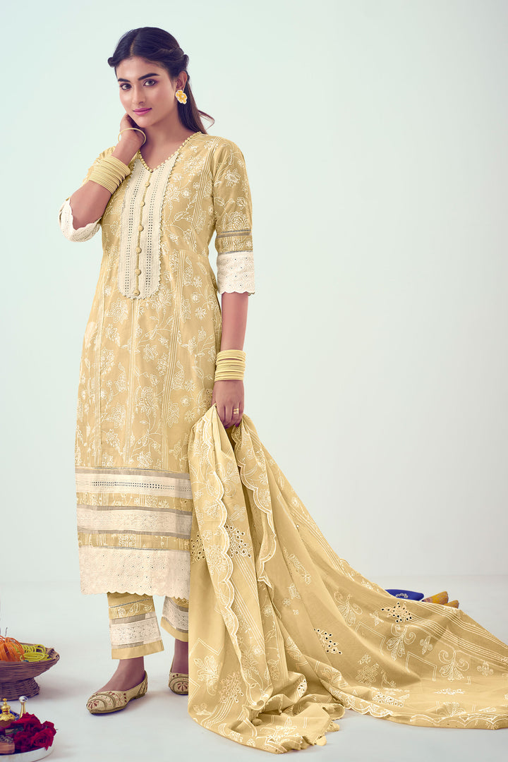 Cream Pure Cotton Lining Khadi Block Print Designer Straight Cut Dress
