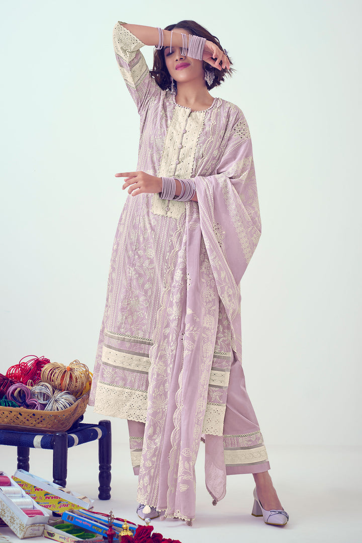 Pure Cotton Lining Khadi Block Print Designer Straight Cut Salwar Kameez In Lavender Color