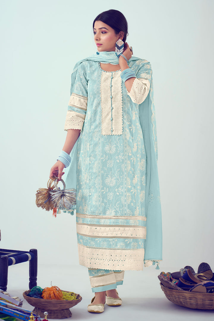 Pure Cotton Lining Khadi Block Print Designer Straight Cut Suit In Cyan Color
