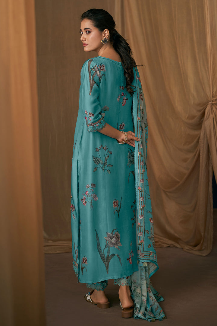 Cyan Pure Bemberg Silk Digital Print Designer Long Dress