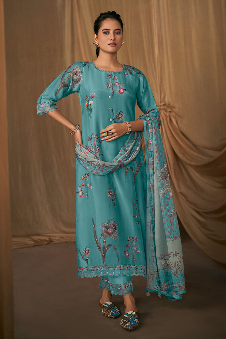 Cyan Pure Bemberg Silk Digital Print Designer Long Dress