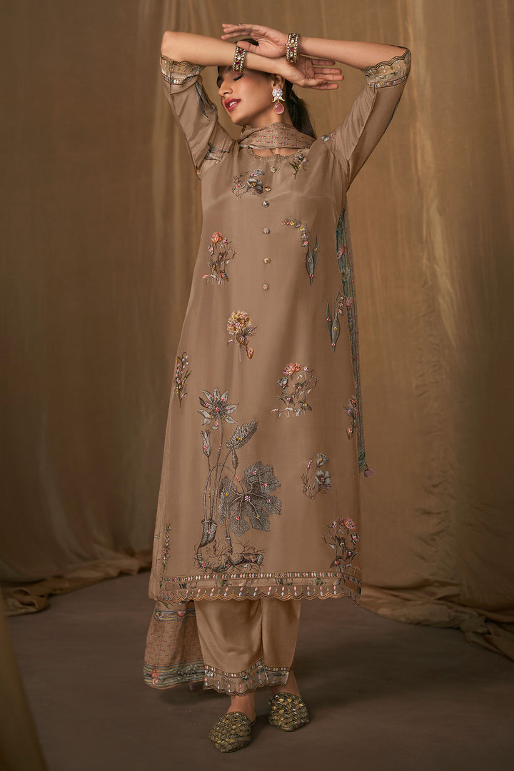 Pure Bemberg Silk Digital Print Designer Long Salwar Kameez In Dark Beige Color