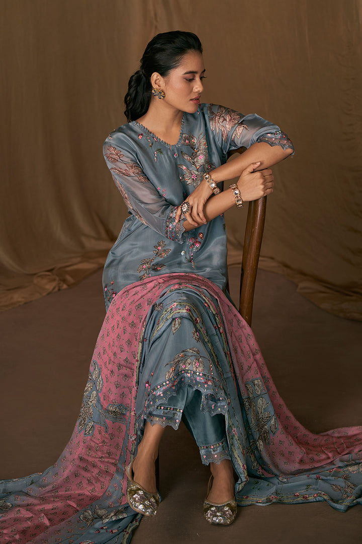 Pure Bemberg Silk Grey Digital Print Designer Long Salwar Suit