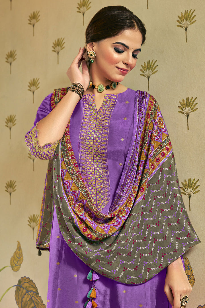 Pure Russian Silk Gold Print Purple Designer Long Salwar Kameez