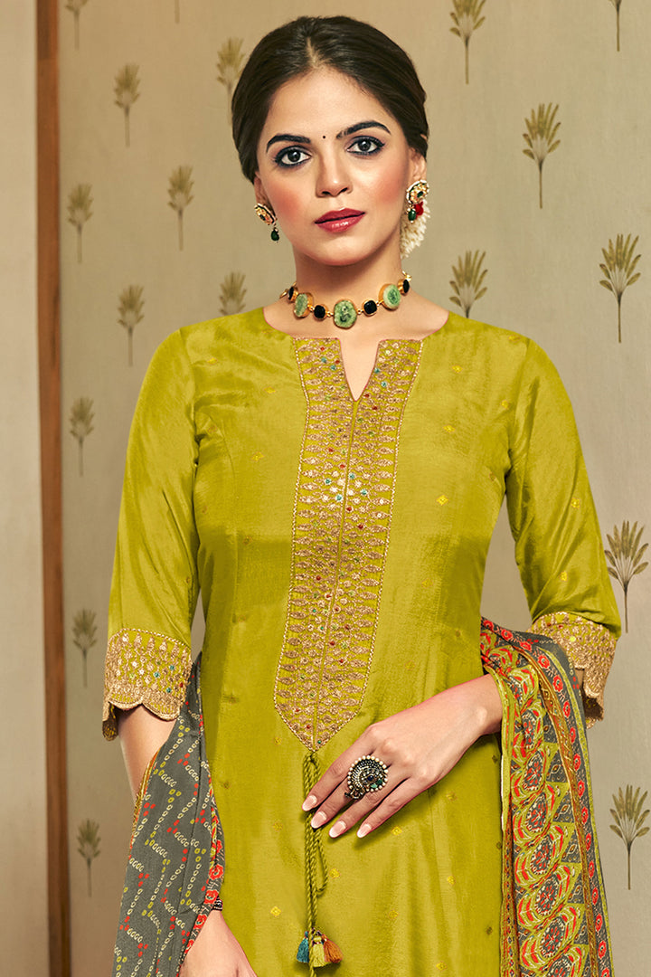 Pure Russian Silk Gold Print Designer Long Salwar Suit In Green Color
