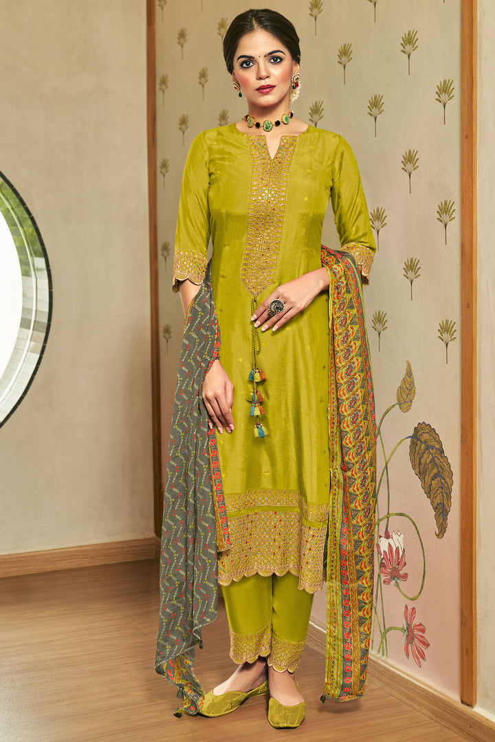 Pure Russian Silk Gold Print Designer Long Salwar Suit In Green Color