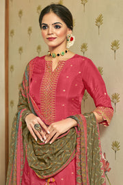 Pink Pure Russian Silk Gold Print Designer Long Suit