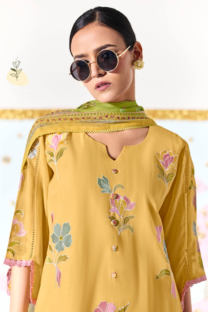 Elegant Mal Chanderi Placement Embroidery Daily Wear Salwar Suit
