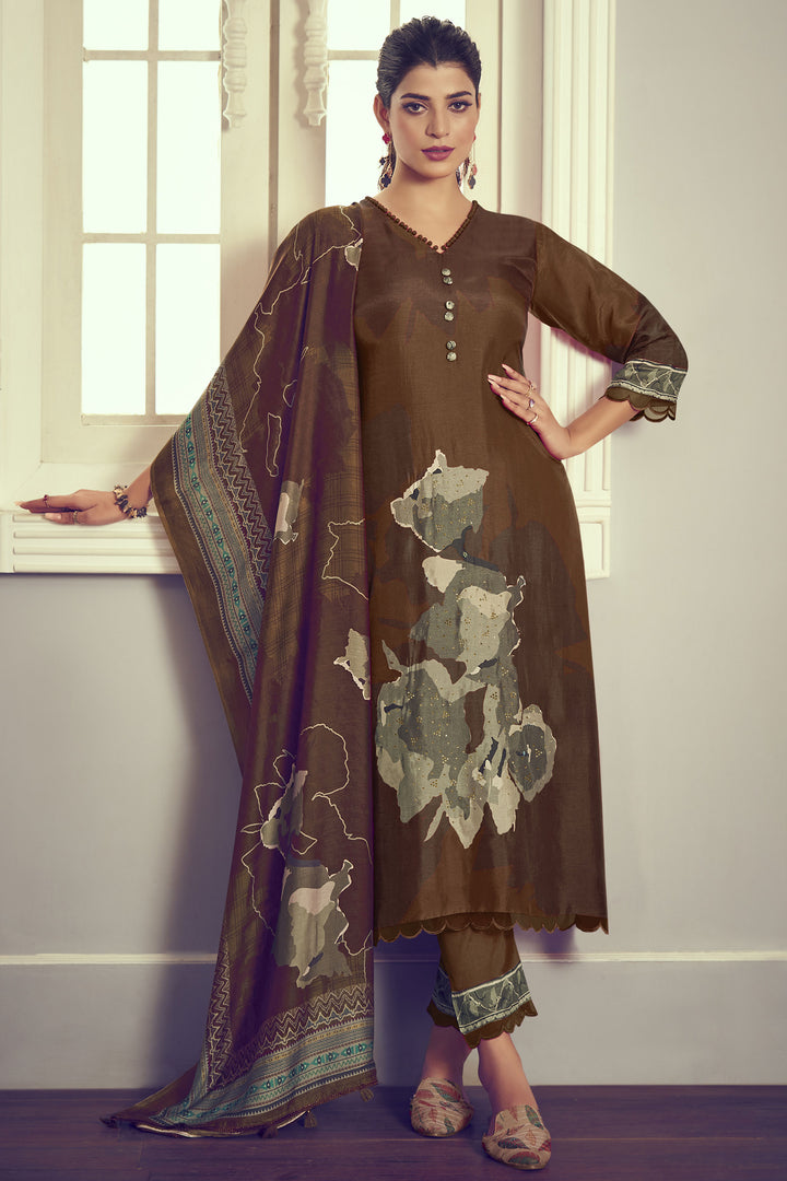 Brown Pure Bemberg Silk Digital Print Casual Salwar Suit