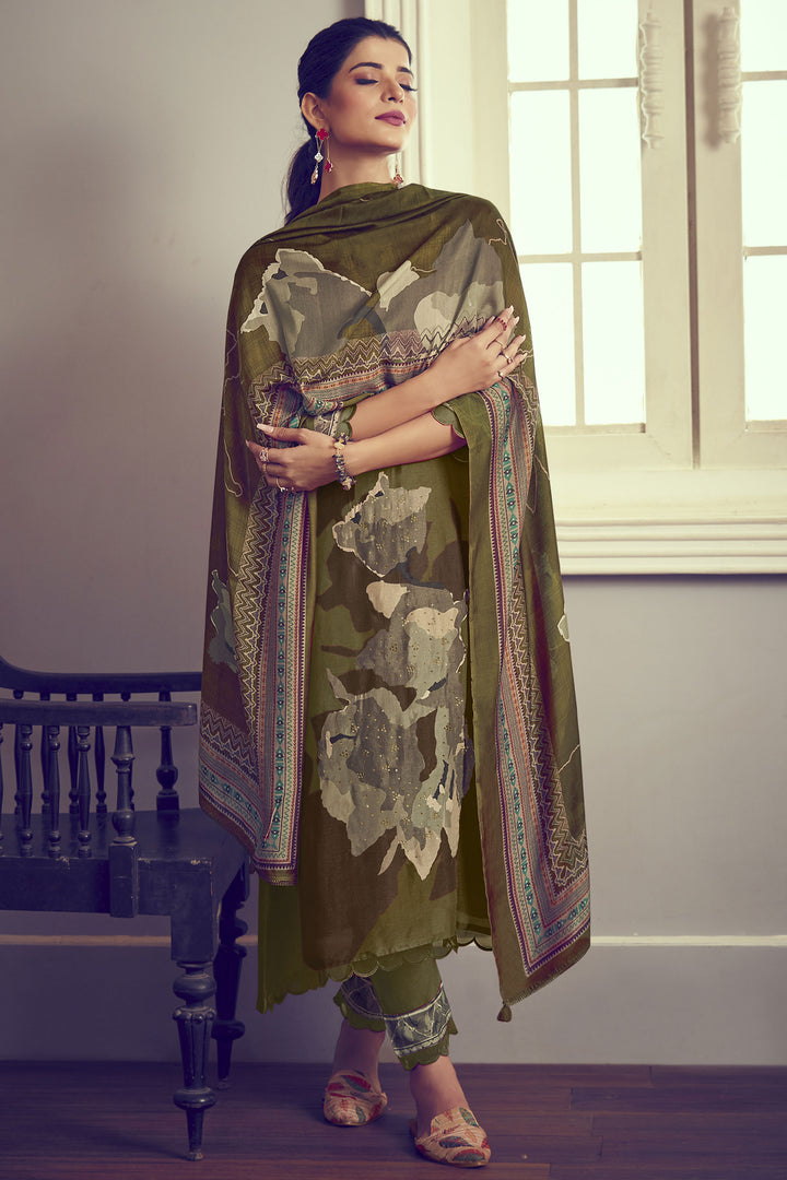 Green Color Pure Bemberg Silk Digital Print Salwar Kameez