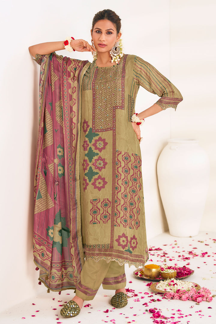 Beige Pure Bemberg Silk Digital Print Dress