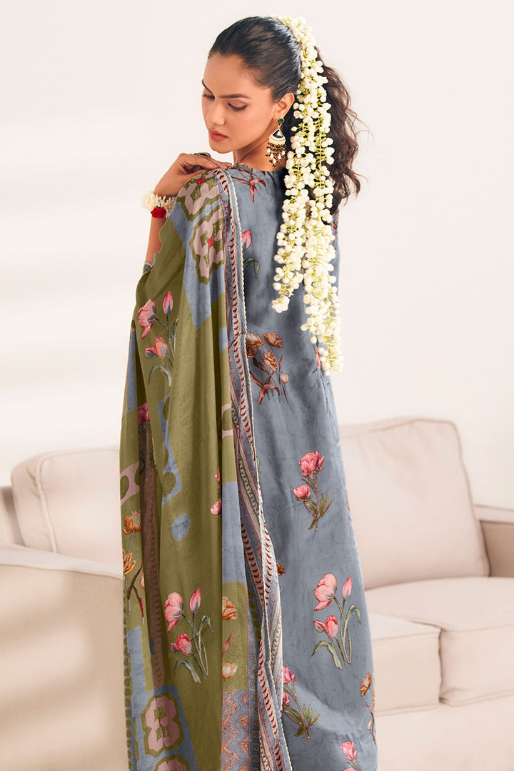 Pure Bemberg Silk Digital Print Salwar Kameez In Grey Colour