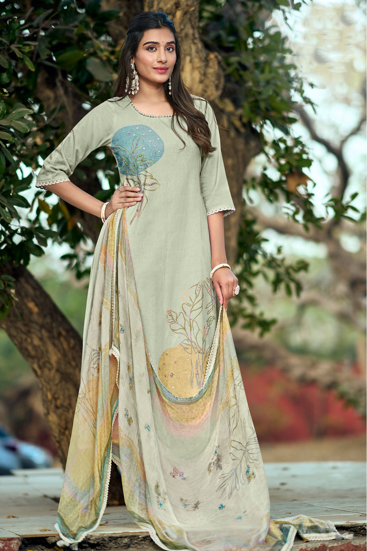 Sea Green Pure Cotton Digital Print  With Hand Work Salwar Kameez