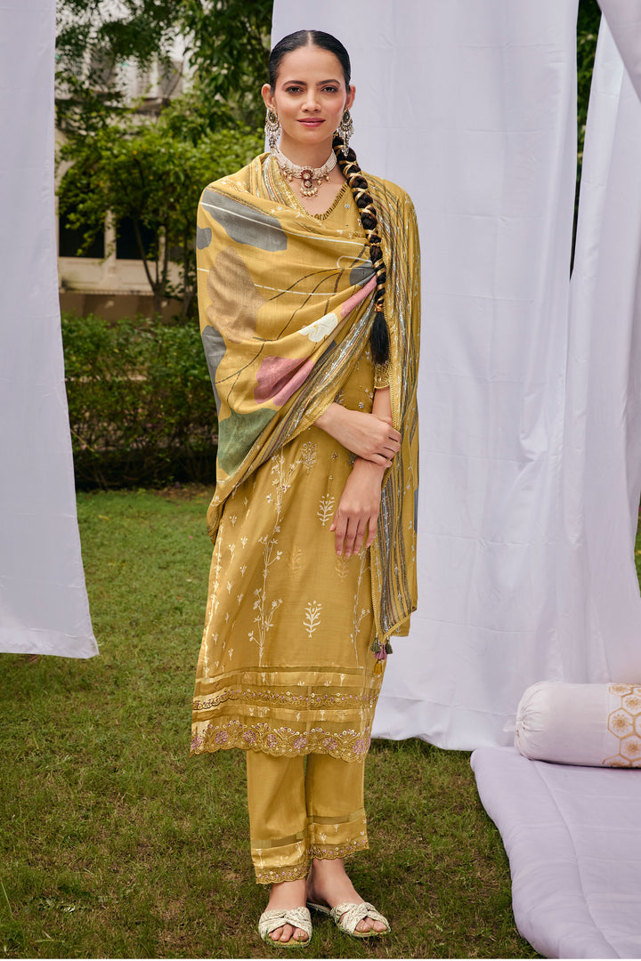 Pure Muslin Silk Hand Block With Gold Print Casual Salwar Kameez