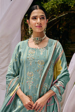 Load image into Gallery viewer, Light Cyan Pure Muslin Silk Hand Block With Gold Print Casual Salwar Suit
