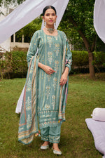 Load image into Gallery viewer, Light Cyan Pure Muslin Silk Hand Block With Gold Print Casual Salwar Suit
