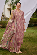 Load image into Gallery viewer, Pink Color Pure Muslin Silk Hand Block With Gold Print Casual Suit
