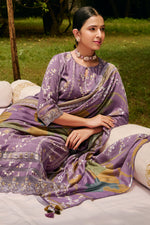 Load image into Gallery viewer, Pure Muslin Silk Hand Block With Gold Print Casual Salwar Kameez In Purple Color
