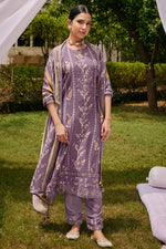 Load image into Gallery viewer, Pure Muslin Silk Hand Block With Gold Print Casual Salwar Kameez In Purple Color
