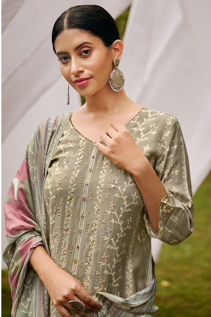 Pure Muslin Silk Hand Block With Gold Print Casual Salwar Suit In Dark Beige Color