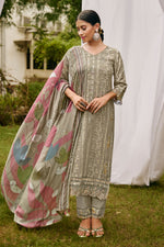 Load image into Gallery viewer, Pure Muslin Silk Hand Block With Gold Print Casual Salwar Suit In Dark Beige Color
