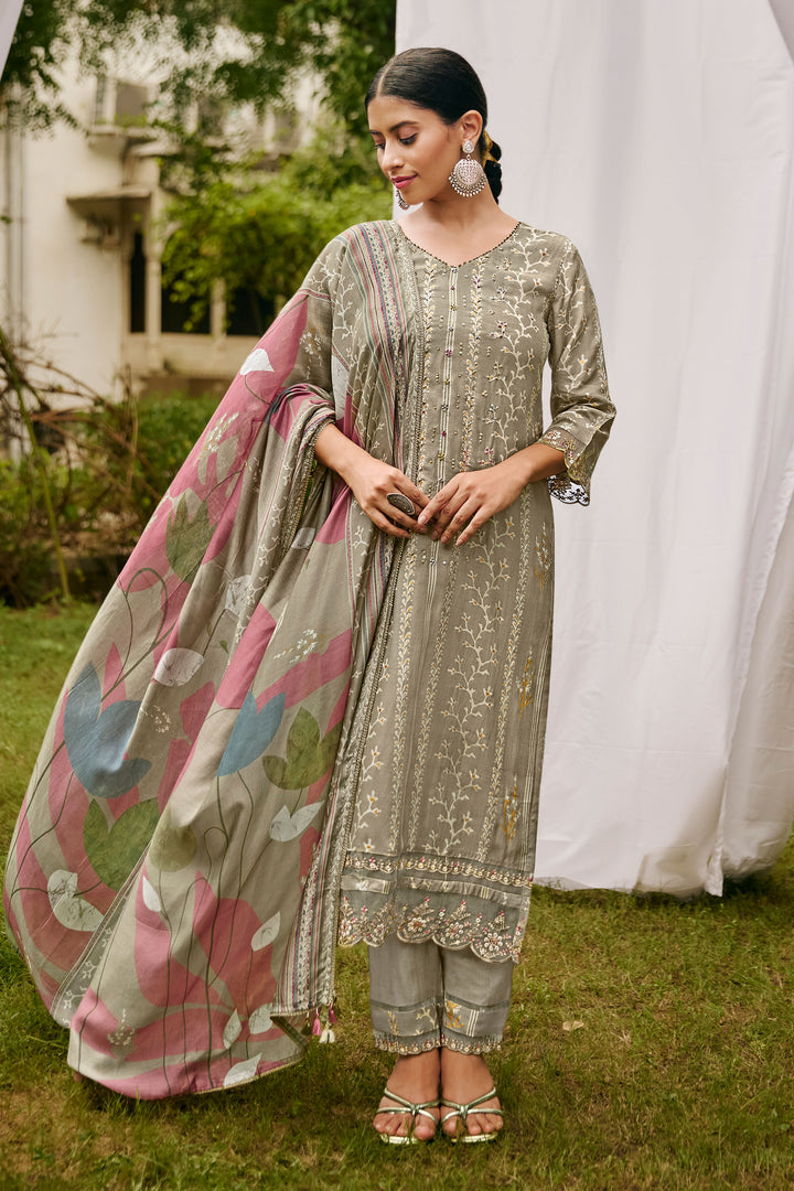 Pure Muslin Silk Hand Block With Gold Print Casual Salwar Suit In Dark Beige Color