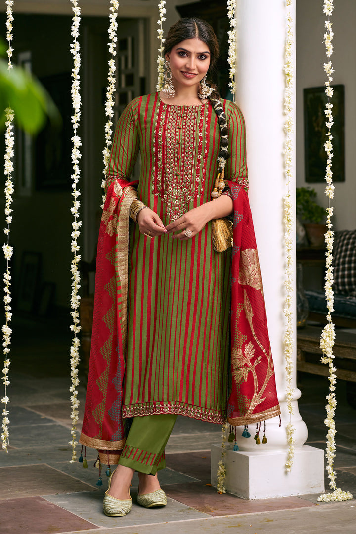 Premium Bemberg Silk Slub Digital Print With Embroidered Straight Cut Salwar Kameez