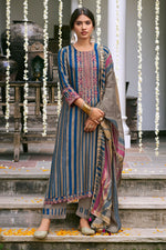 Load image into Gallery viewer, Blue Bemberg Silk Slub Digital Print With Embroidered Straight Cut Salwar Suit
