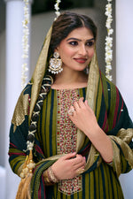 Load image into Gallery viewer, Bemberg Silk Embroidered Straight Cut Salwar Kameez In Dark Green Color
